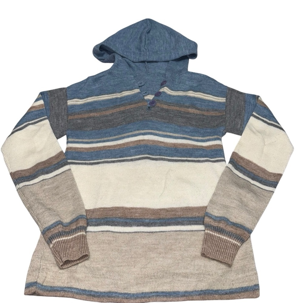 Cozy Striped Knit Wool Hoodie Sweater Blue Beige Cream Boho Pullover Small